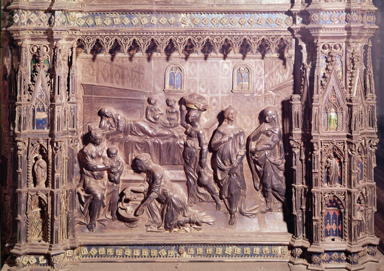 Alter frontal repræsenterer fødslen af Johannes Døberen (sølv) af A. del and Pollaiolo, A. del Verrocchio