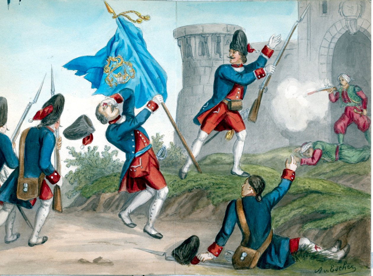 Venetianske grenaderer angriber et osmannisk fort af A. von Escher