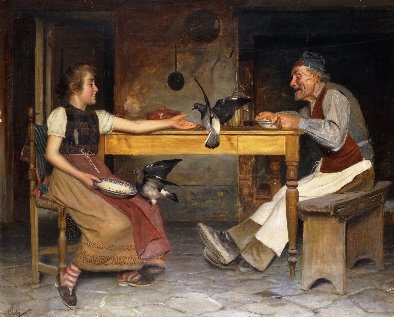 Et fælles måltid (olie på lærred) af A. Gobi