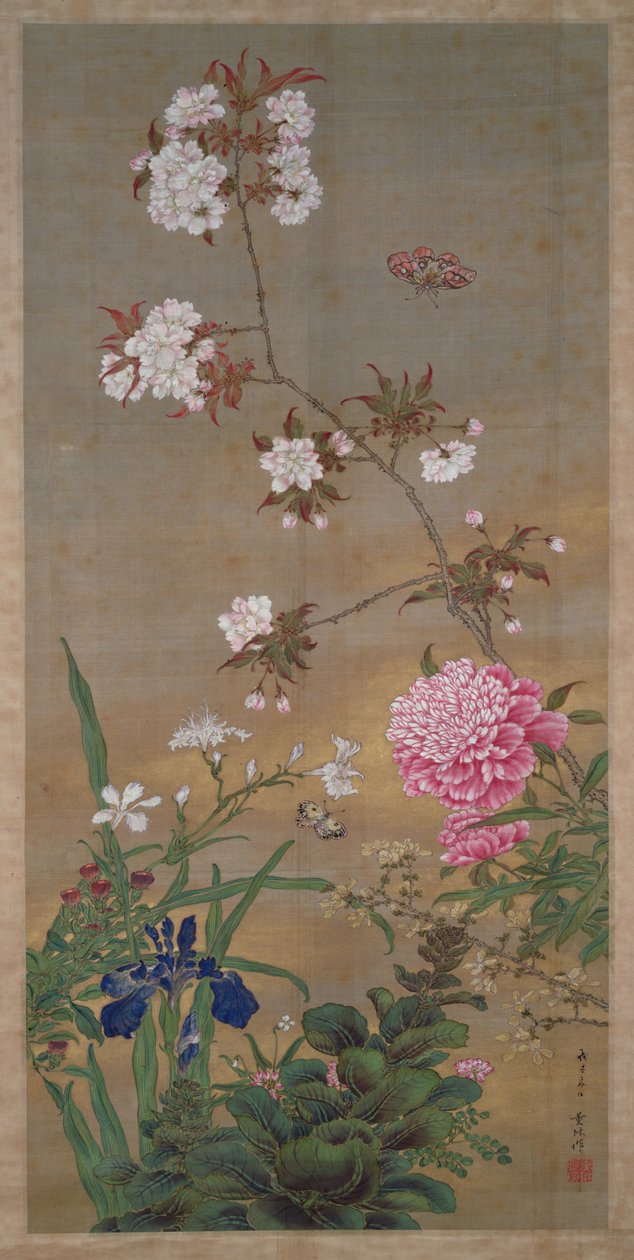 Pæon, iris, kirsebærblomst og en sommerfugl, 1828 (blæk, farver og guld på silke) af Abe Kan Torin