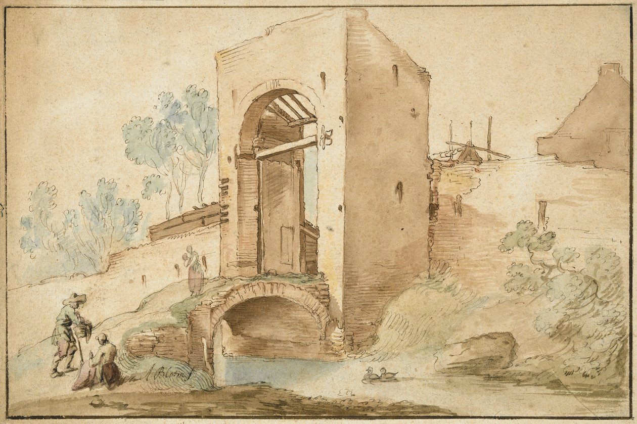 Porten til en by, ca. 1630 (pen & brunt blæk forhøjet med wc på lagt papir) af Abraham Bloemaert