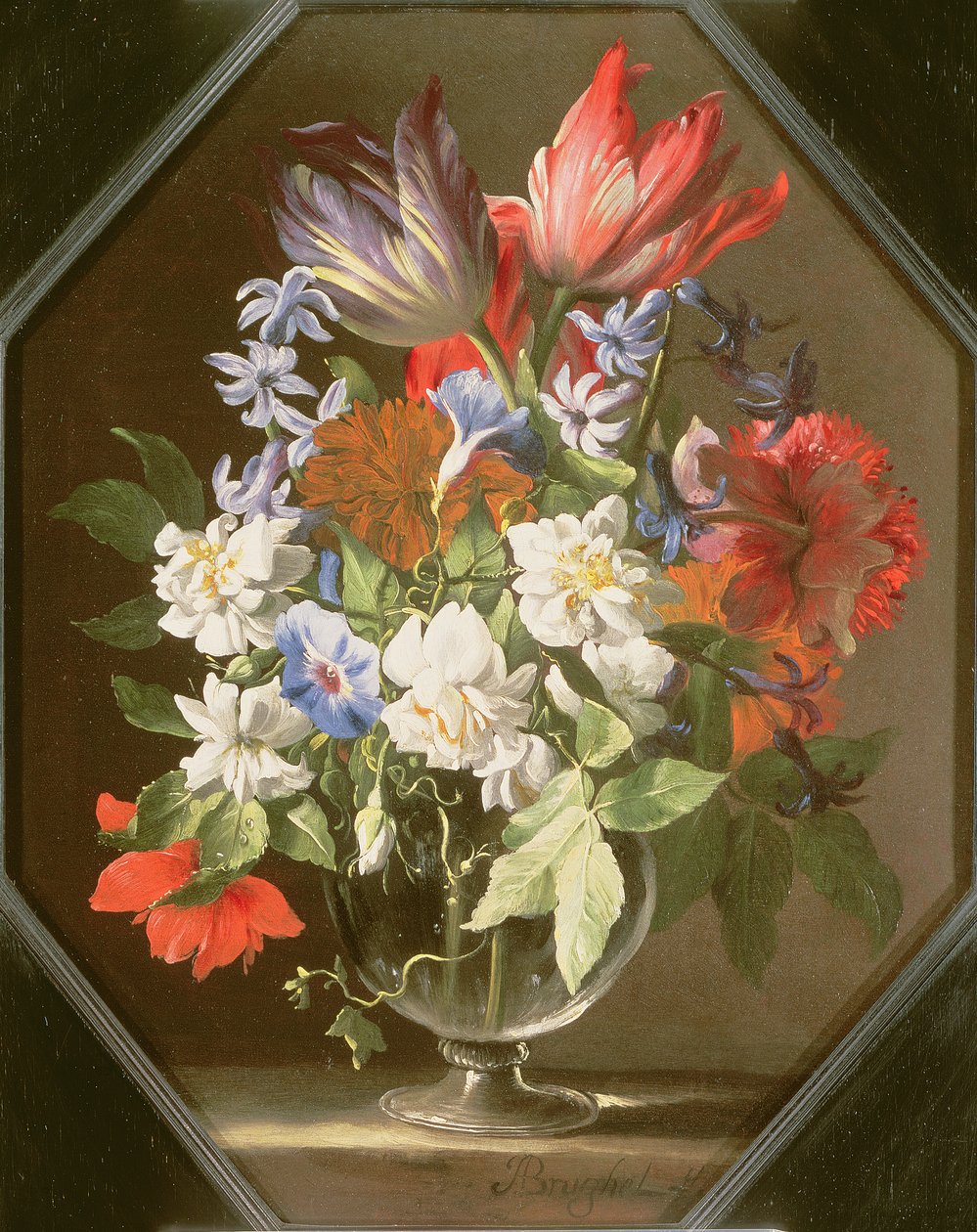 En vase med blomster på en stenkant indeholdende tulipaner, krysantemum, georginer og narcisser, 1600-tallet af Abraham Brueghel