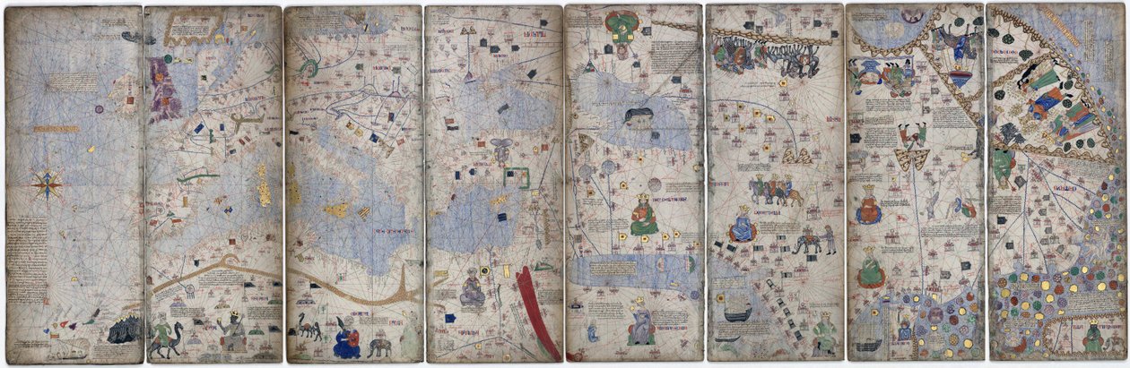 Montage på 8 sider fra det catalanske Atlas of Cresques; den dengang kendte verden af Abraham Cresques
