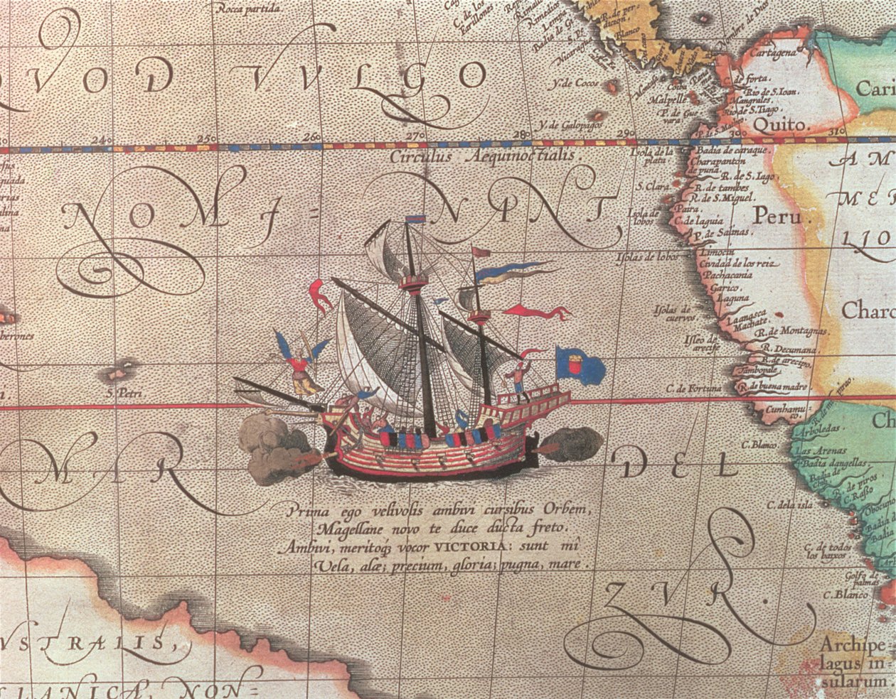 Et sejlskib, der affyrer sin kanon, detalje fra et kort over Stillehavet, Kina og Amerika, 1599 (se også 18634) af Abraham Ortelius