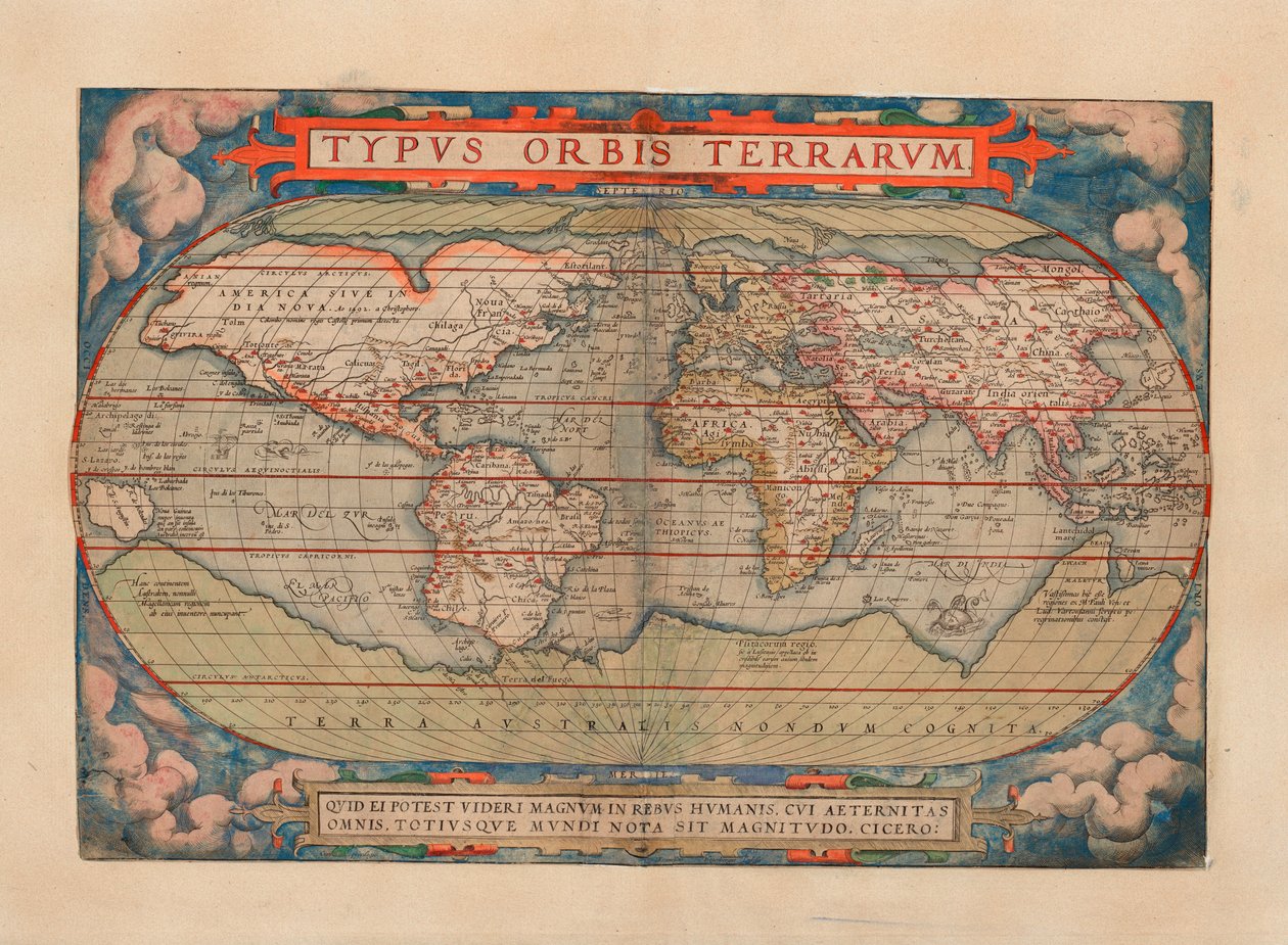Kortet blev offentliggjort i (1579) og viser verdenskort af Abraham Ortelius