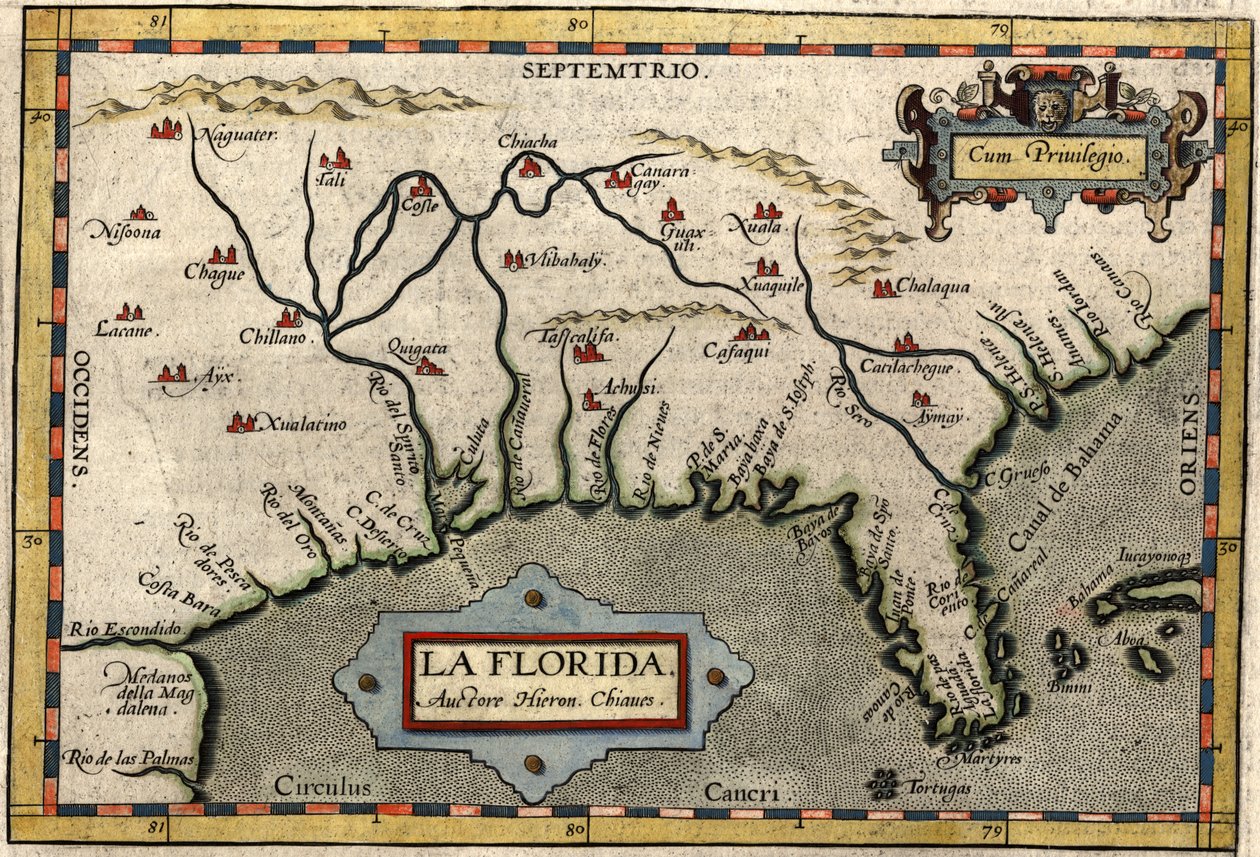 Kort over Florida, ca. 1584 (håndfarvet gravering) af Abraham Ortelius