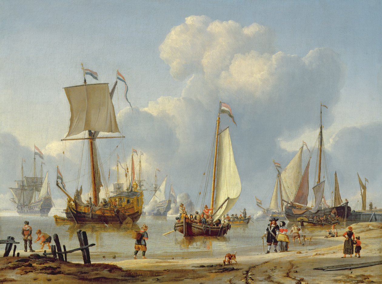 Skibe i stille Vand med Figurer ved Kysten af Abraham Storck