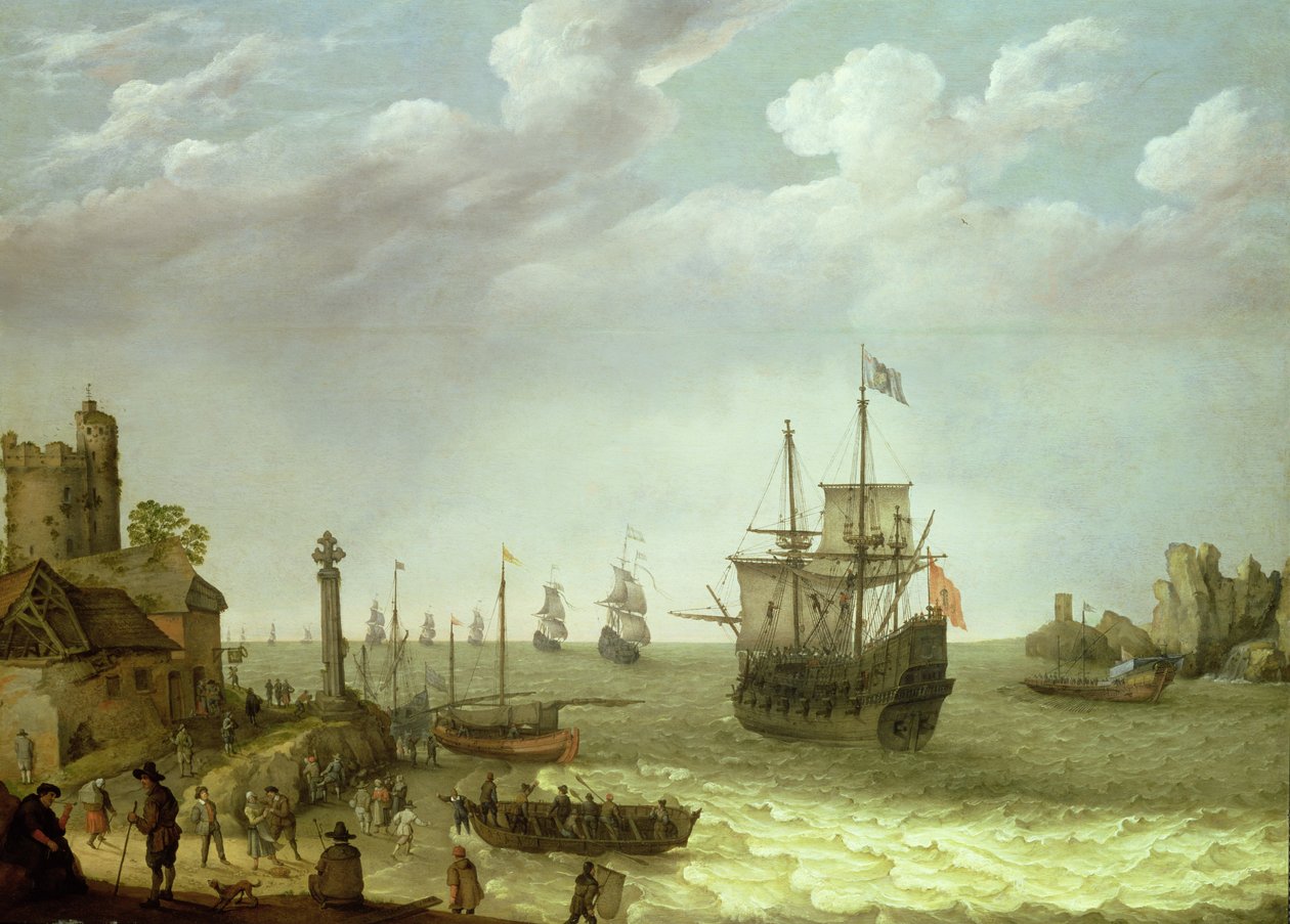 Bosættelse ved en klippekyst med den hollandske flåde nærmer sig, 1640 af Abraham Willaerts