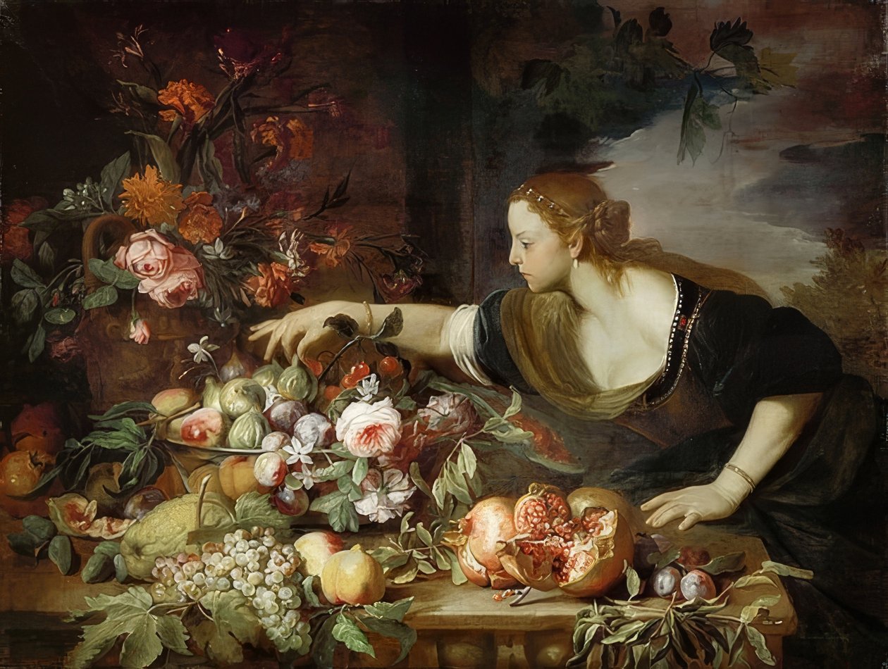 Kvinde med blomster og frugter. 1669 af Abraham Brueghel