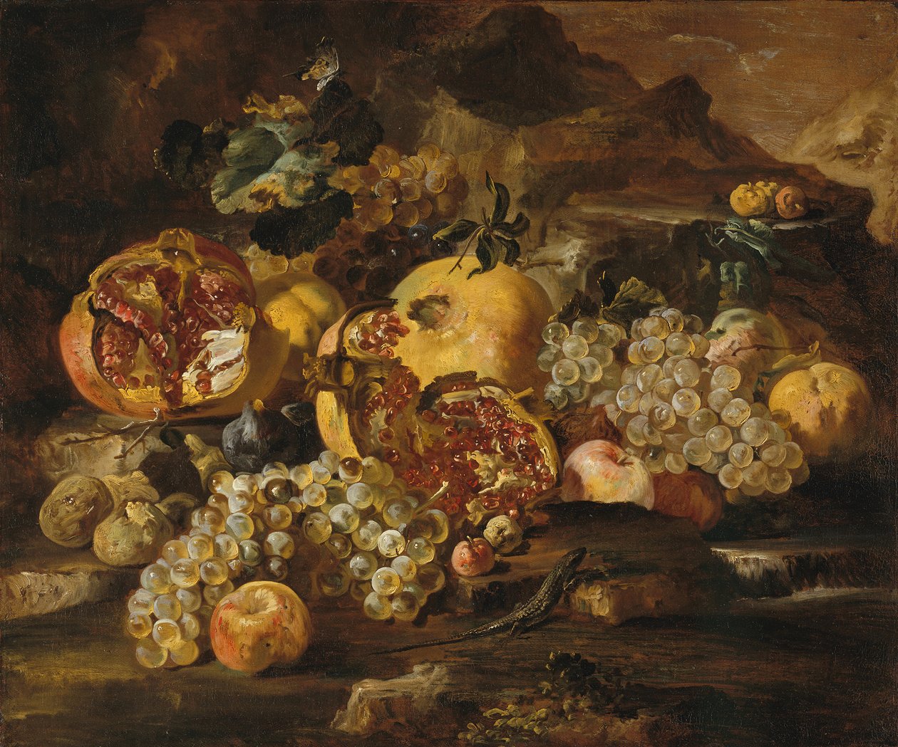 Granatæbler og anden frugt i et landskab. af Abraham Brueghel