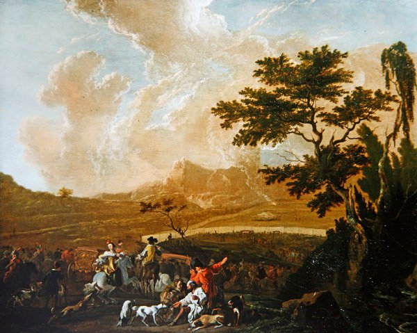 En jagtfest (olie på panel) af Abraham Danielsz. Hondius