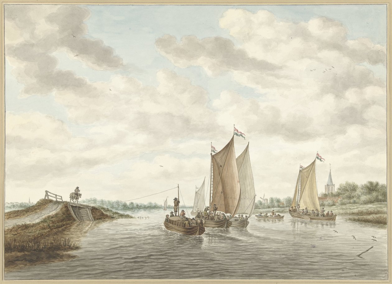 Flodlandskab med forskellige pramme af Abraham Delfos