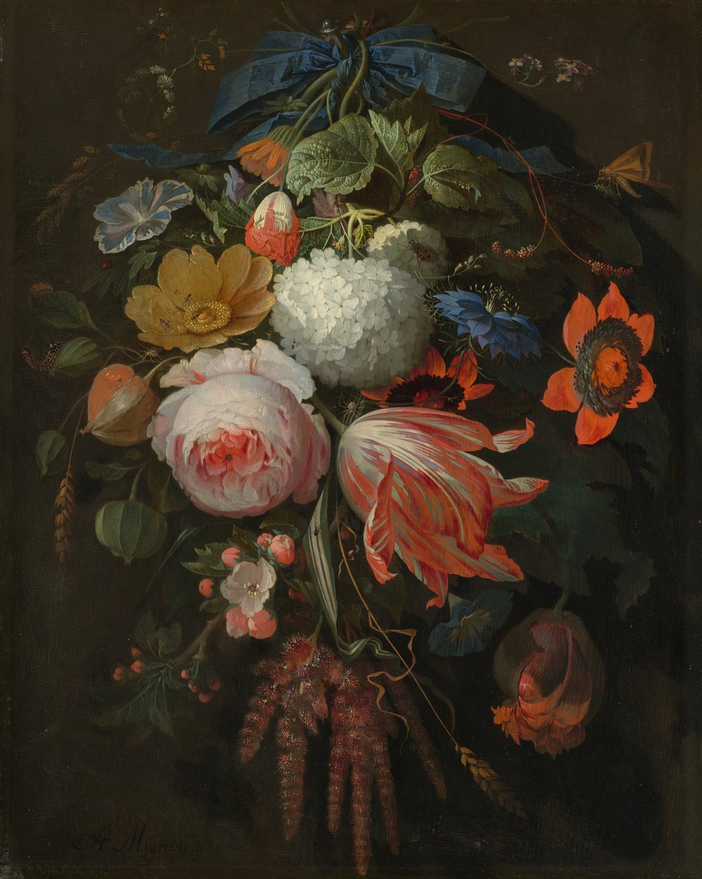 En hængende buket blomster af Abraham Mignon
