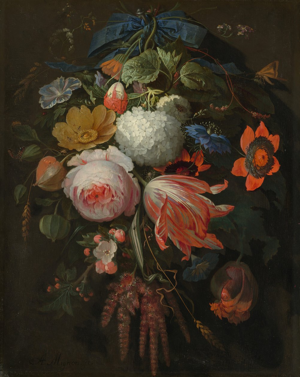 En hængende buket blomster, sandsynligvis 16651670. af Abraham Mignon