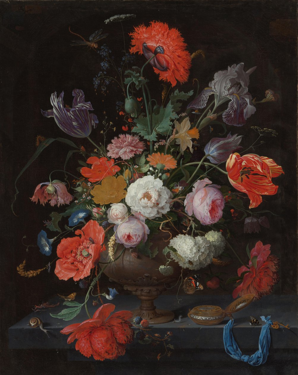 Still livet med blomster og et ur af Abraham Mignon
