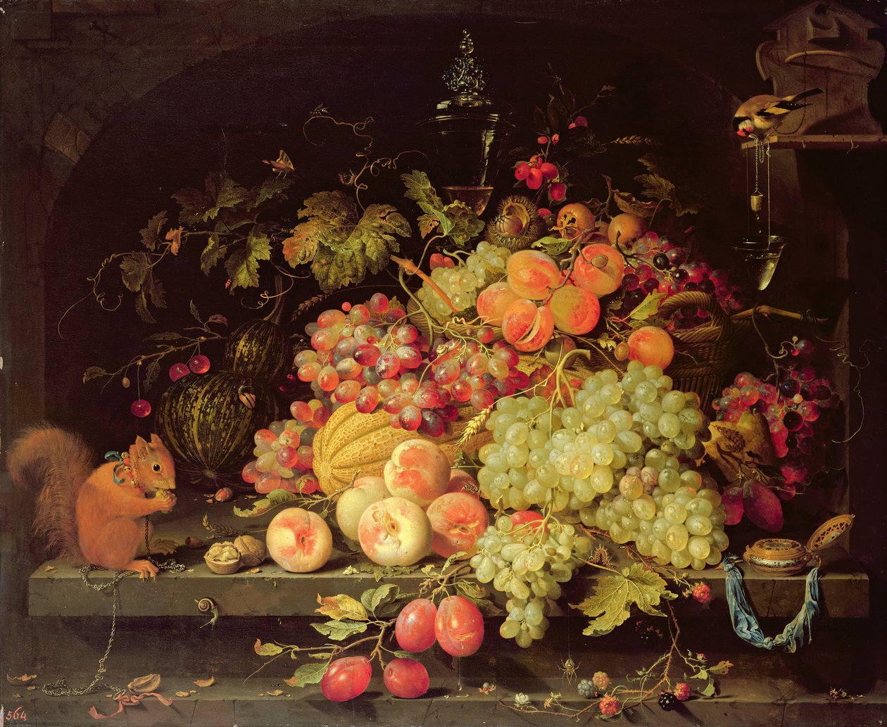 Stilleben med frugt, egern og guldfink af Abraham Mignon