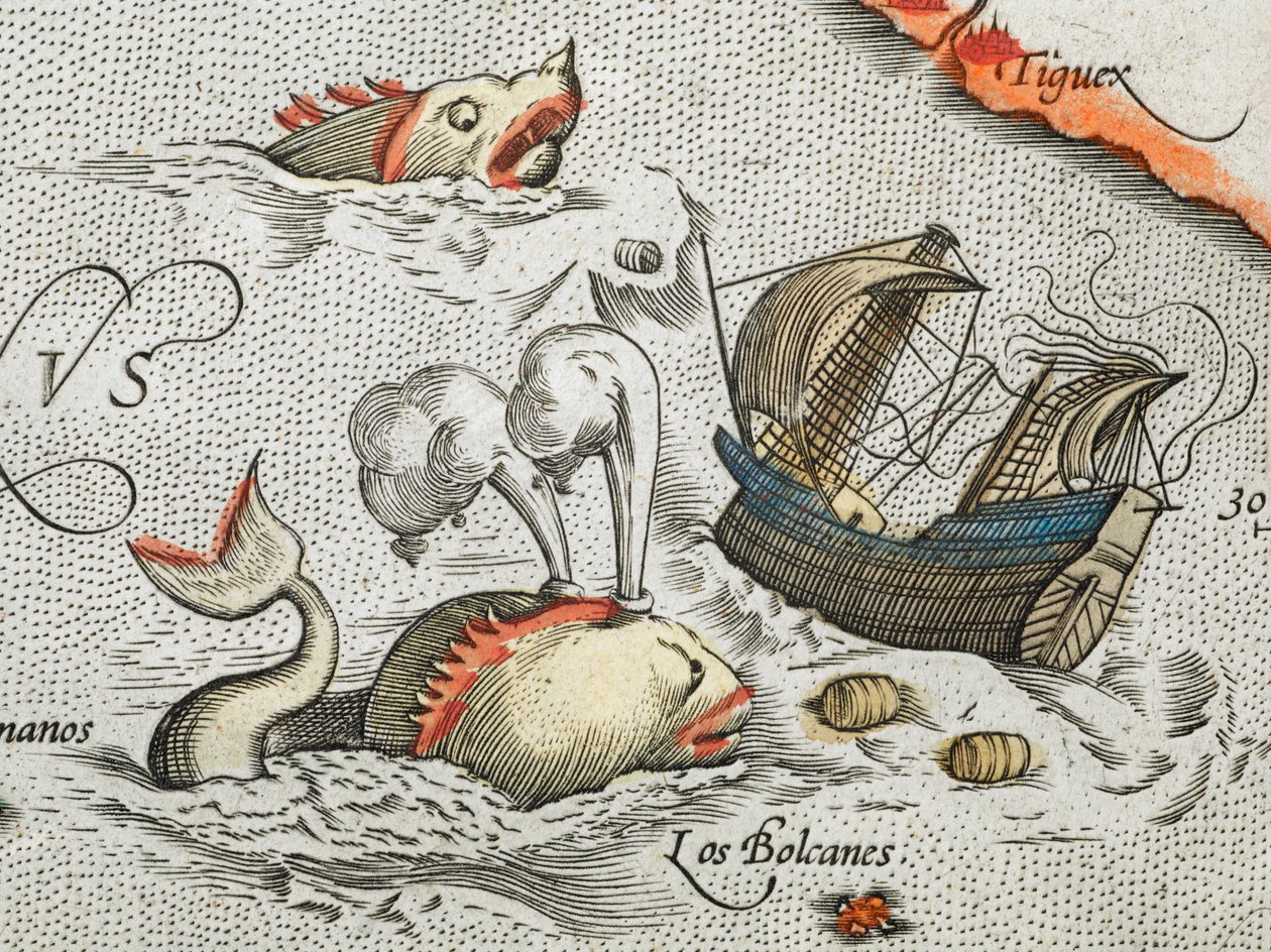 (Detalje). Sømonstre, der angriber et skib. af Abraham Ortelius