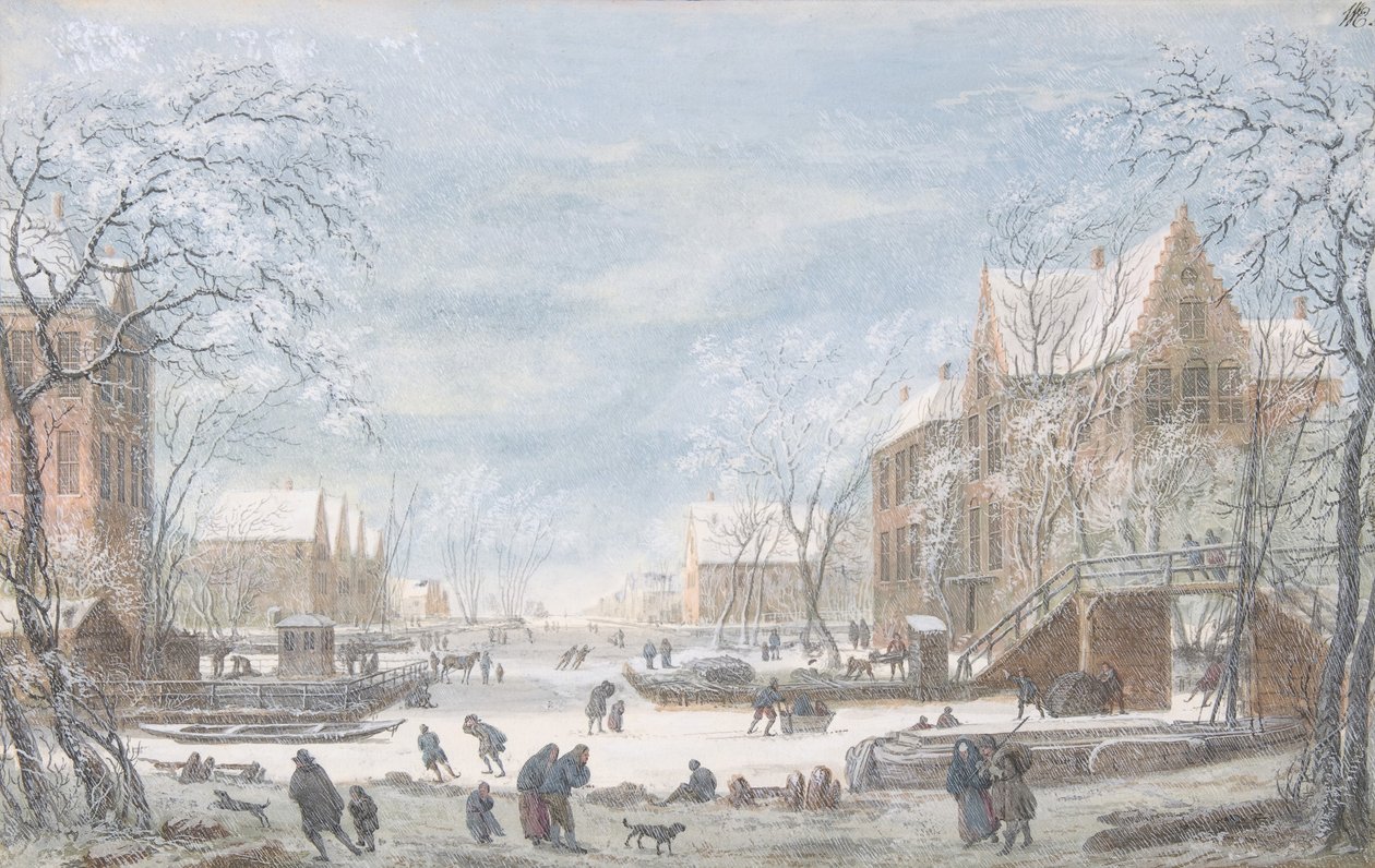Sne falder på en hollandsk by, n.d.. af Abraham Rademaker