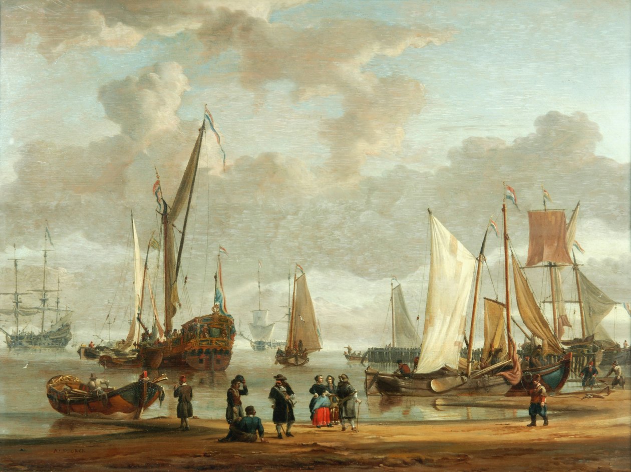 Kystscene (olie på panel) af Abraham Storck