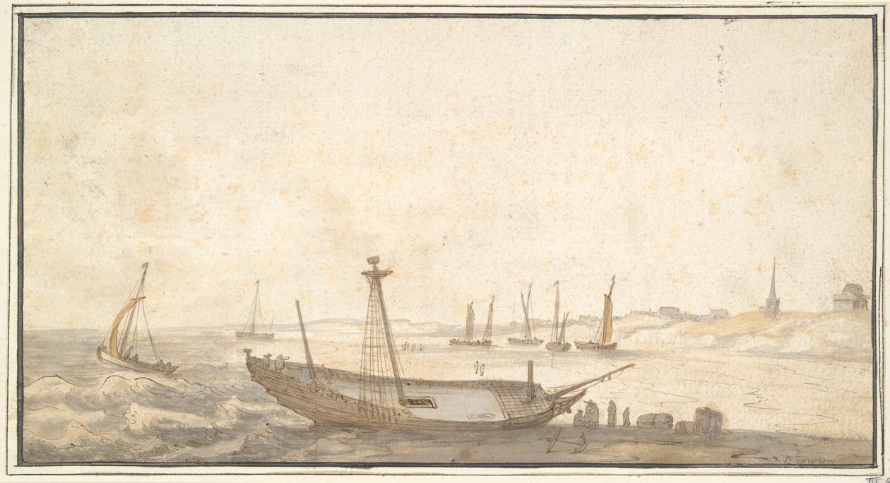 Strand med skibe nær Scheveningen af Abraham de Verwer