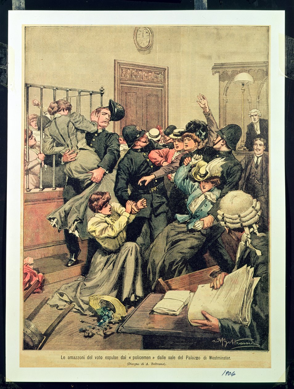 Politifolk udviser suffragetter fra et værelse i Palace of Westminster, 1906 af Achille Beltrame