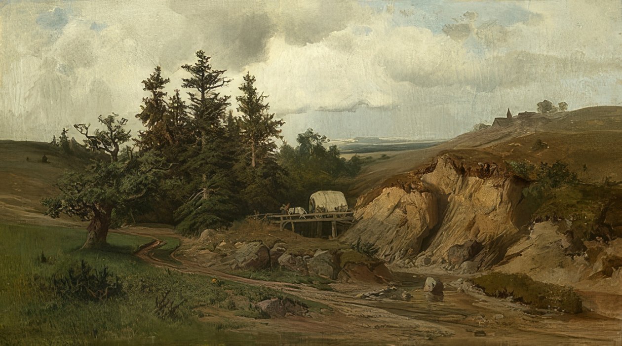 Landskab med en træbro. 1858 af Adolf Kosárek