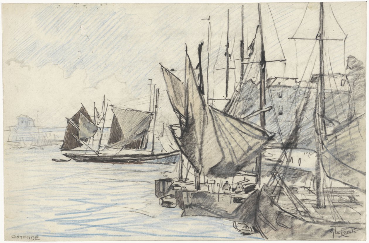 Sejlskibe i havnen i Oostende af Adolf le Comte