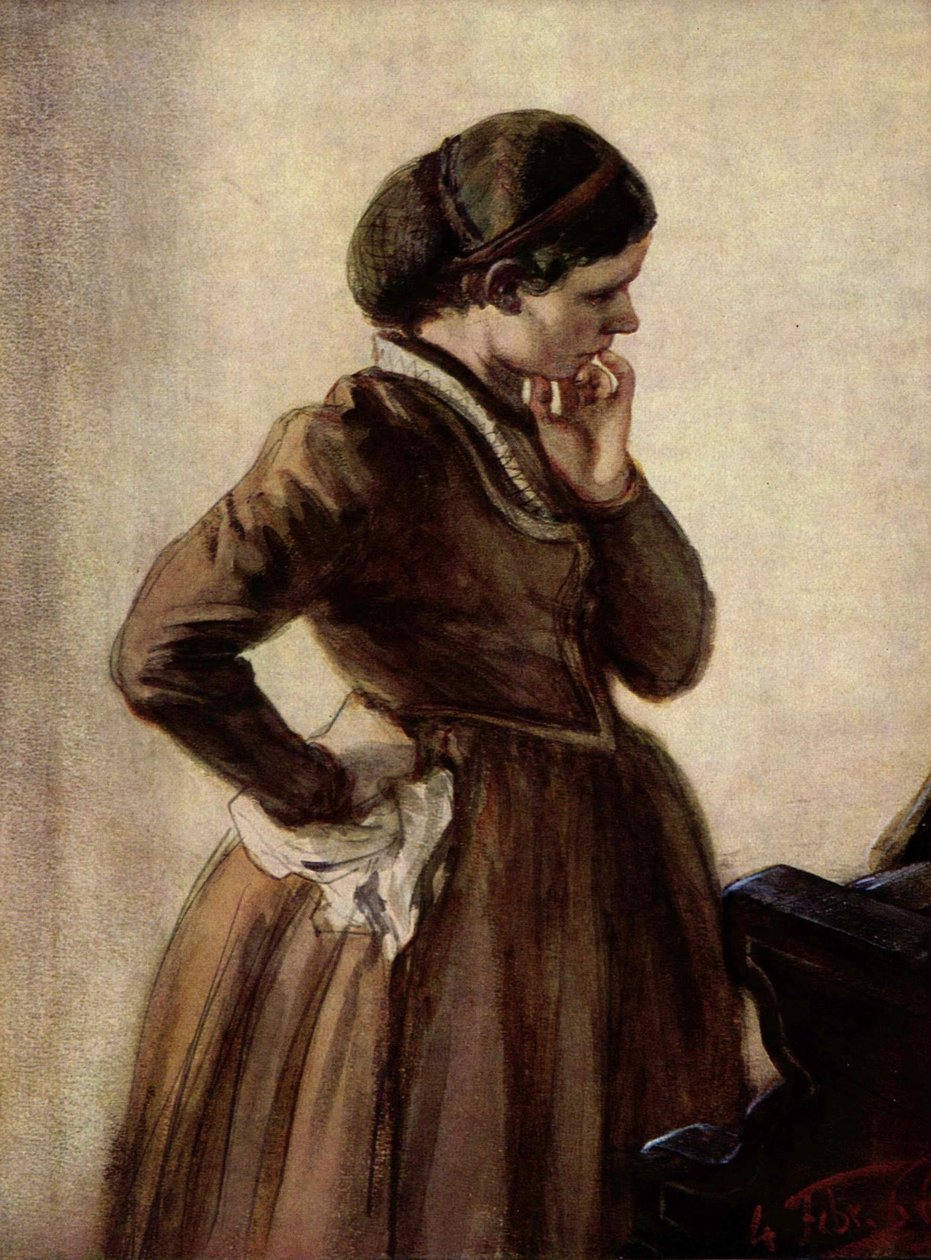 Emilie Menzel står ved klaveret af Adolph Menzel