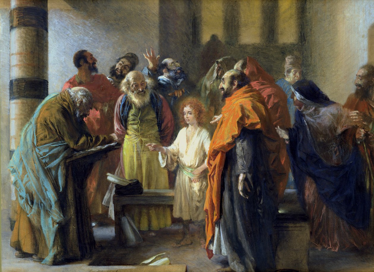 12-årige Jesus i templet, 1851 (pastel og gouache på papir) af Adolph Menzel