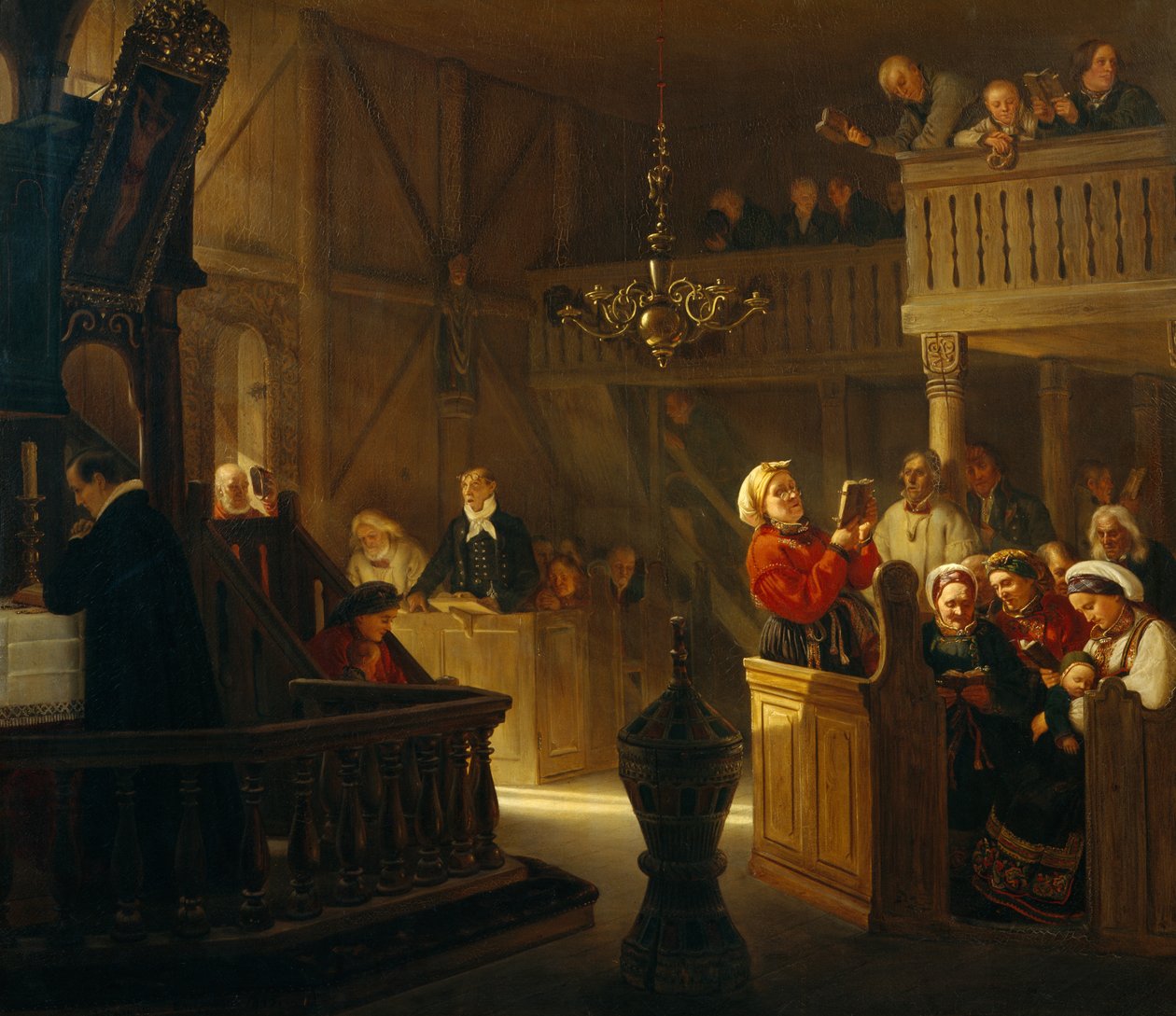 Gudstjeneste i en norsk landsbykirke af Adolph Tidemand