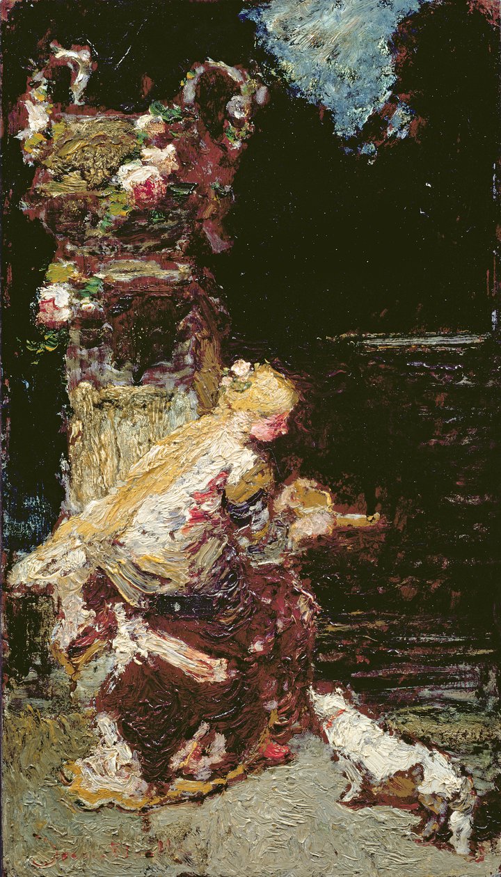 Ung pige med en kat af Adolphe Joseph Thomas Monticelli