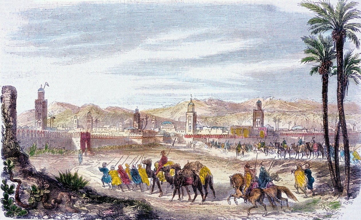 Marrakech, Marokko (farvet gravering) af Adolphe (after) Rouargue