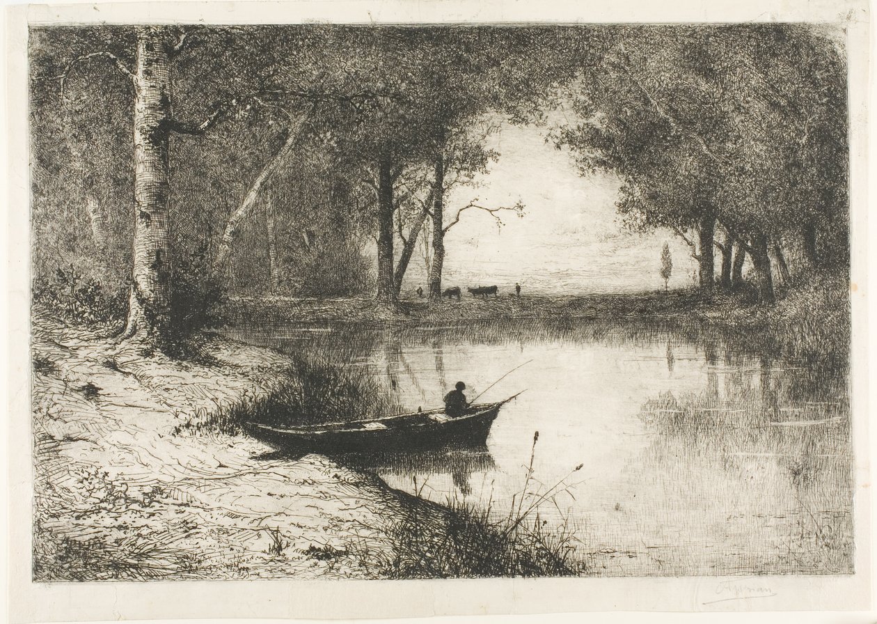 Fisker i en båd ved flodbredden af Adolphe Appian
