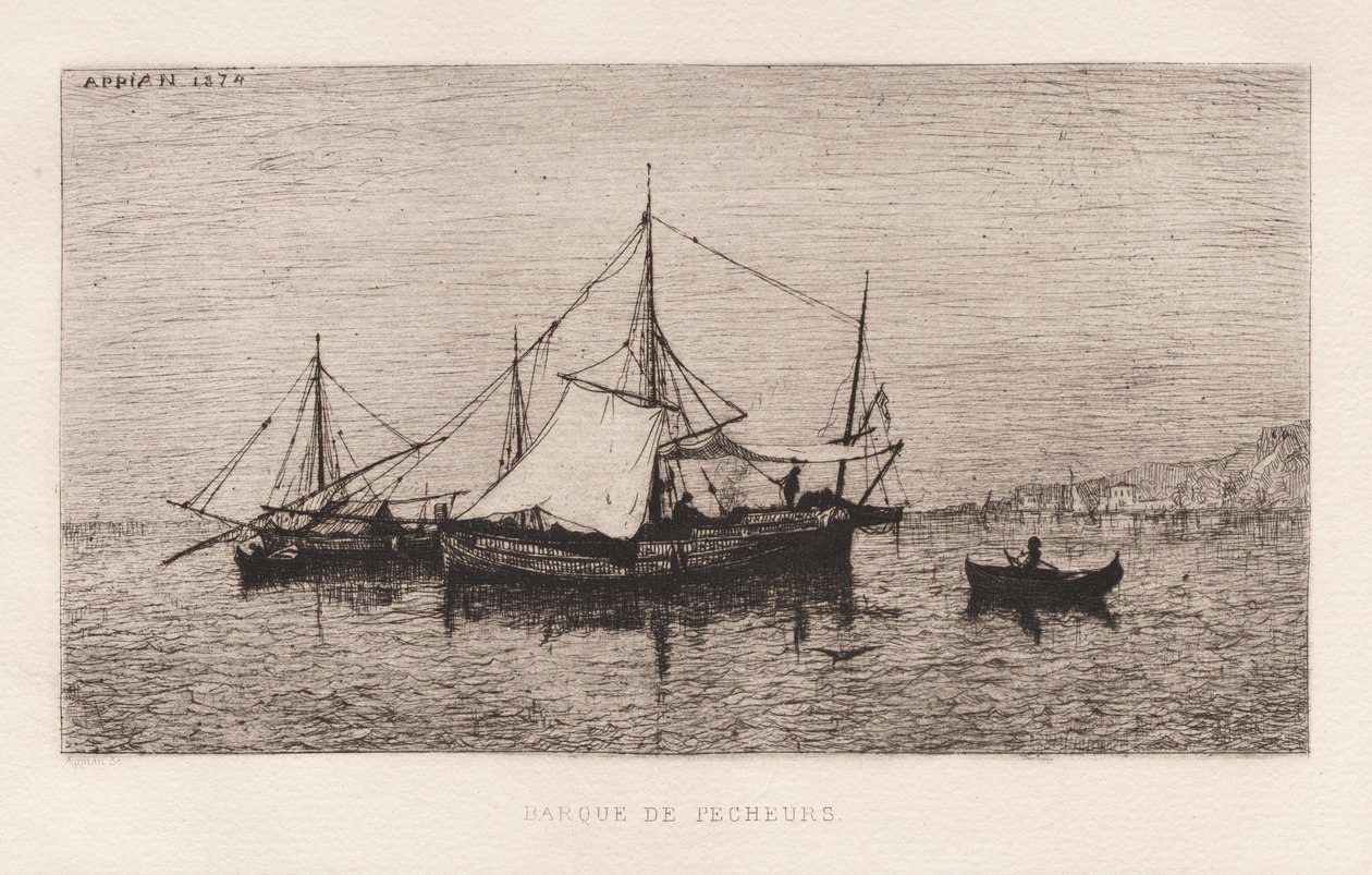 Fiskerbåd, kystfartsbåd, italiensk kyst..., 1874. af Adolphe Appian