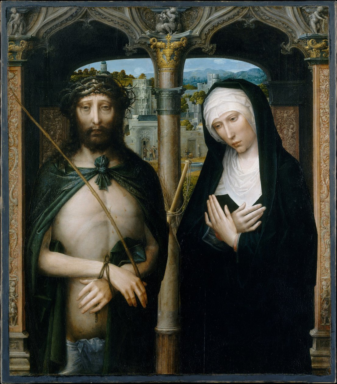 Kristus kronet med torner (Ecce Homo) og den sørgende jomfru af Adriaen Isenbrandt or Isenbrant