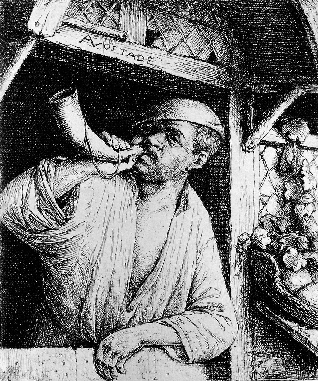En bager, der lød på sit horn af Adriaen Jansz. van Ostade