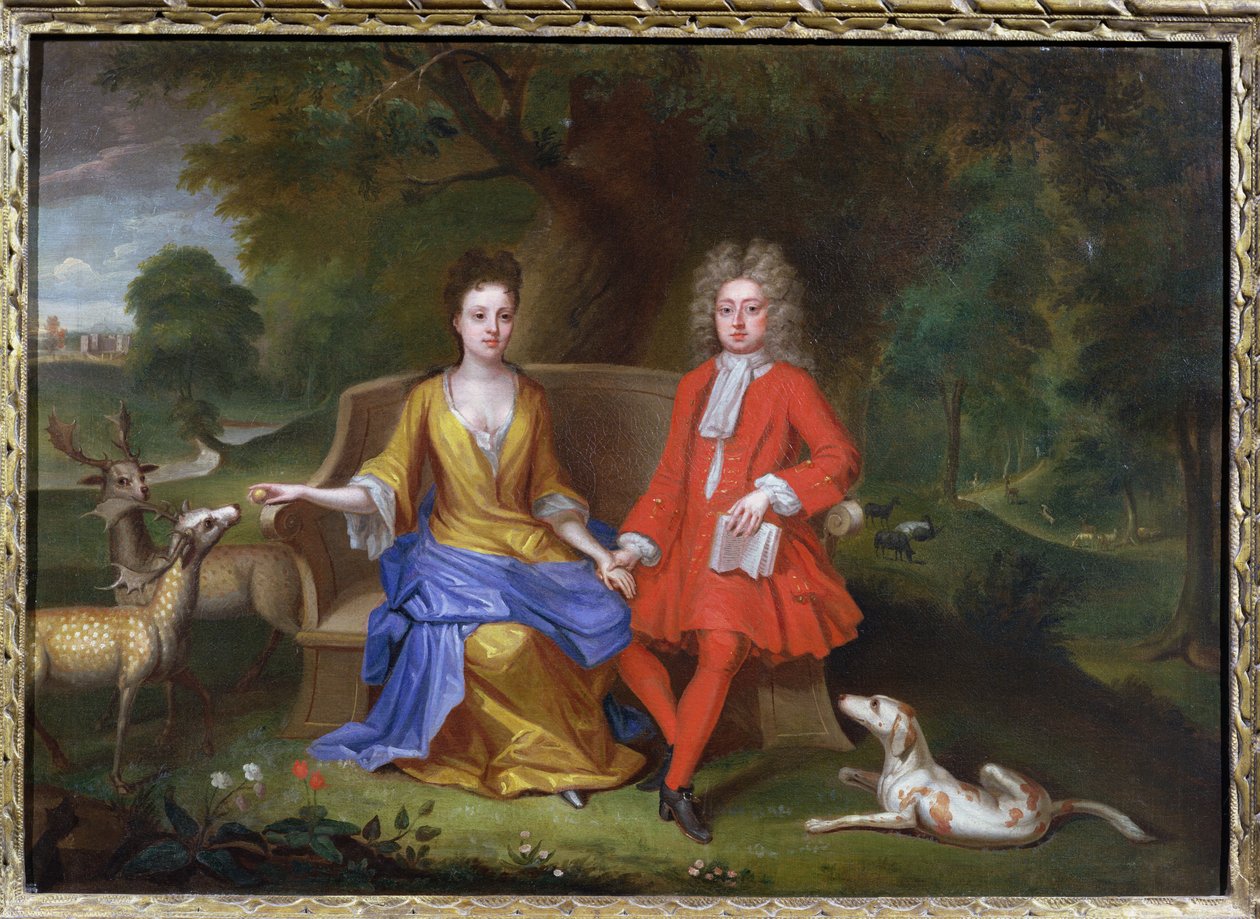 Portræt af Sir Charles Shuckburgh og hans kone, Diana, med Shuckburgh Hall, Warwickshire i baggrunden, ca. 1690 af Adriaen van Diest