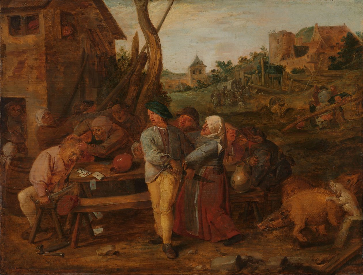 Kortkamp uden for en Country Tavern af Adriaen Brouwer
