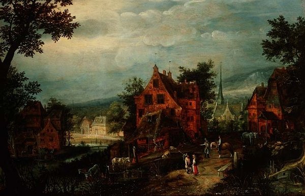 Landsbylandskab med bønder af Adriaen van Stalbemt