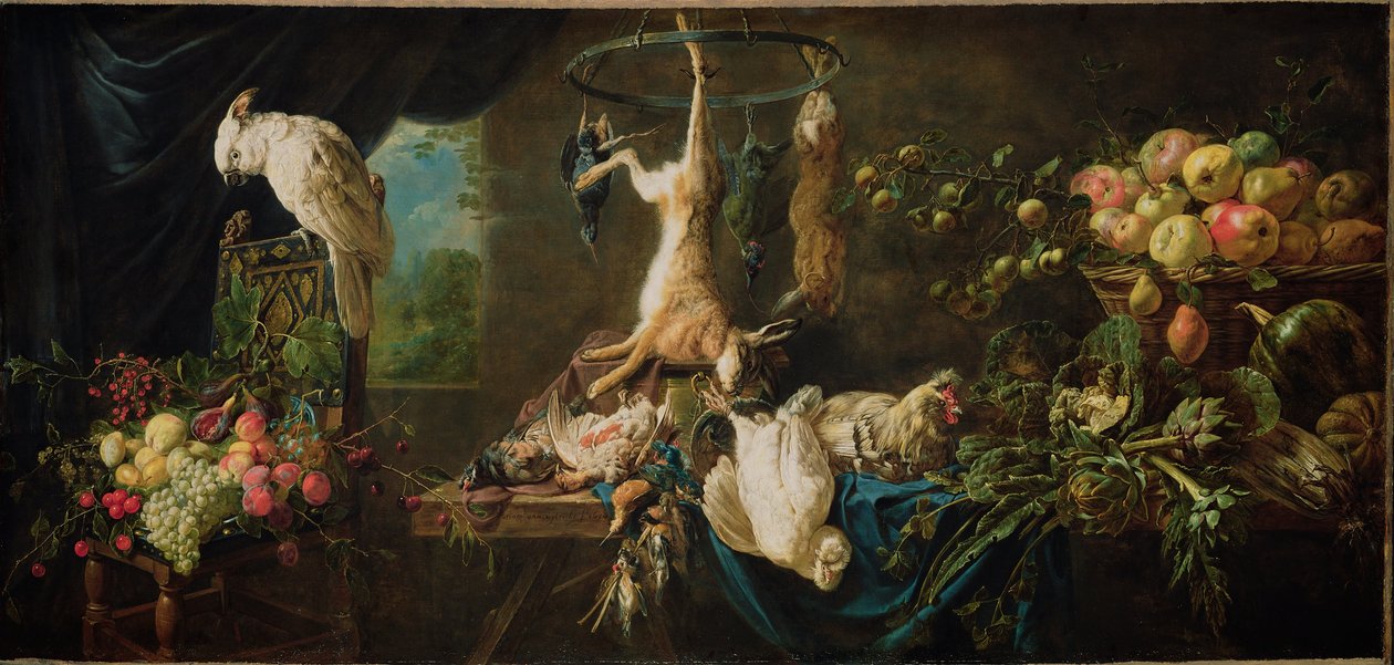 Stilleben - Vildt, grøntsager, frugt, kakaduer af Adriaen van Utrecht