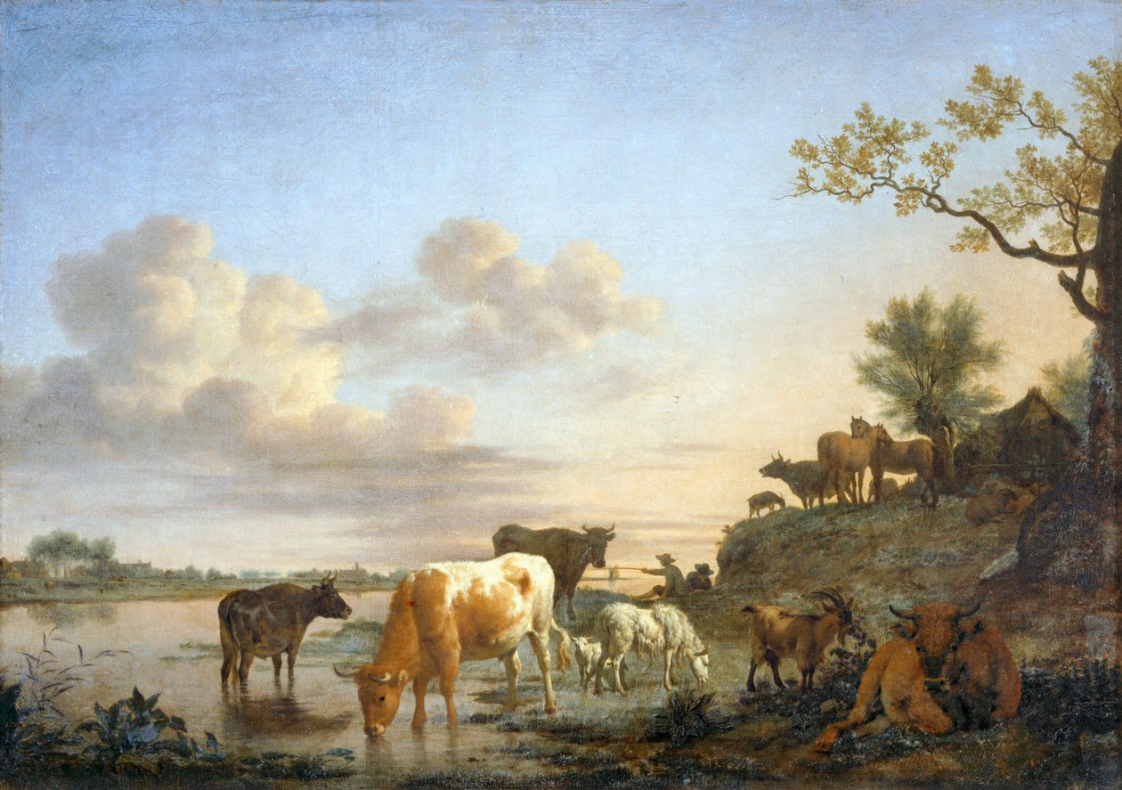 Landskab: dyr ved floden ... af Adriaen van de Velde