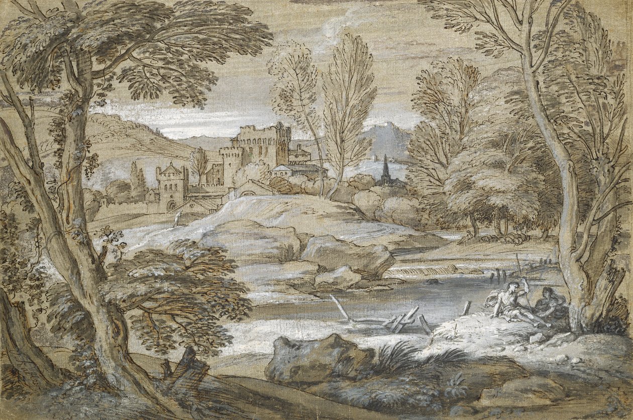 Klassisk landskab (pen og indisk blæk på papir) af Adriaen van der Cabel
