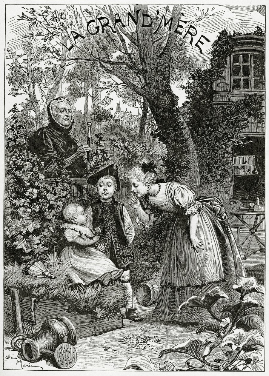 Bedstemoderen, 1800-tallet (bw-gravering) af Adrien Emmanuel Marie
