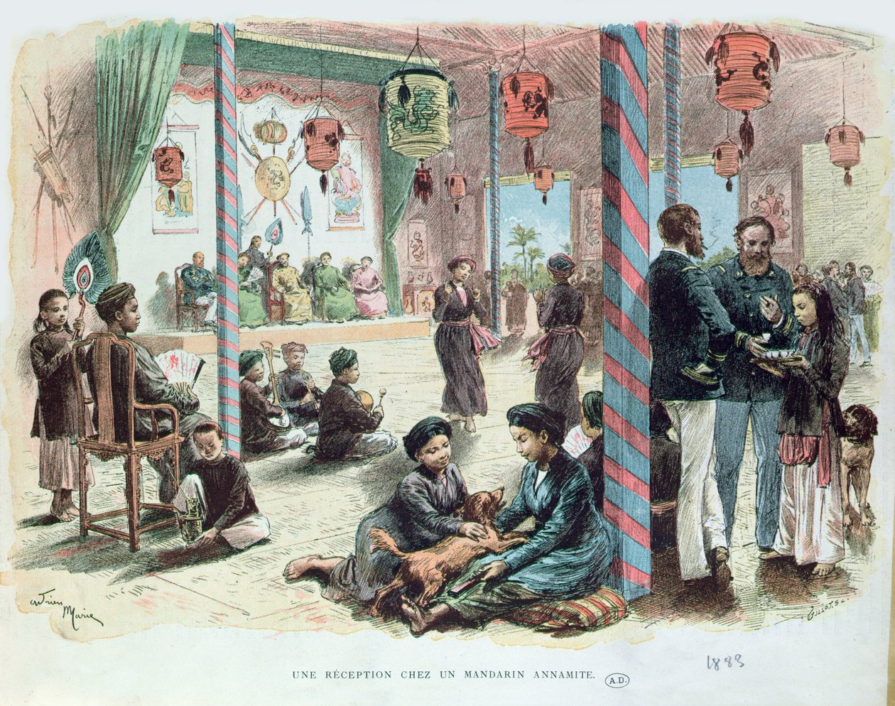 Reception i huset til en Annamite Mandarin i Tonkin, Fransk Indo-Kina 1883 af Adrien Emmanuel Marie
