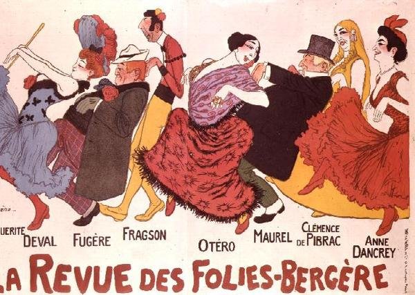 La Revue des Folies-Bergere (litografi i farver) af Adrien Barrere