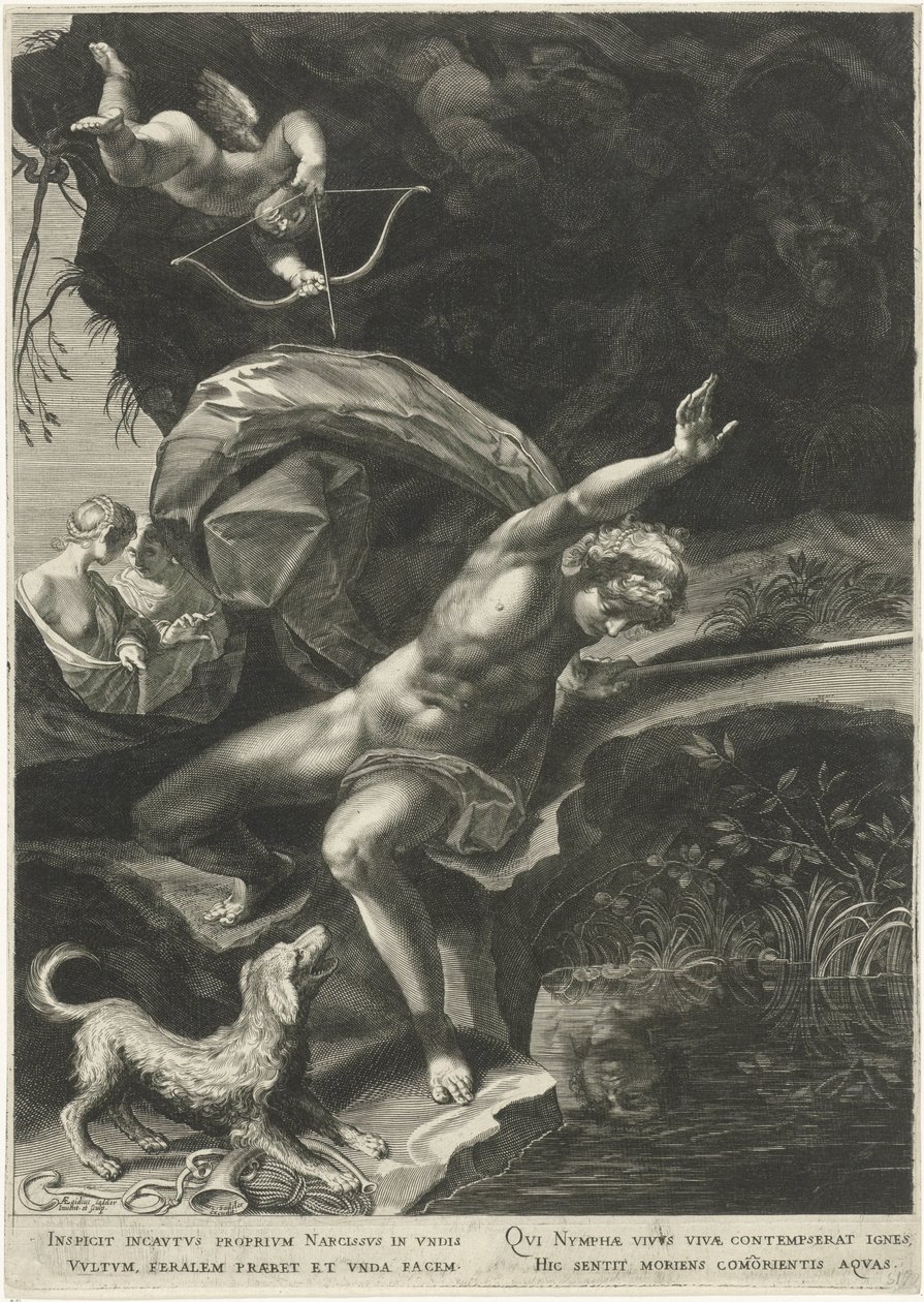 Narcissus ved brønden Herkules og Cerberus af Egidius  Sadeler (II)