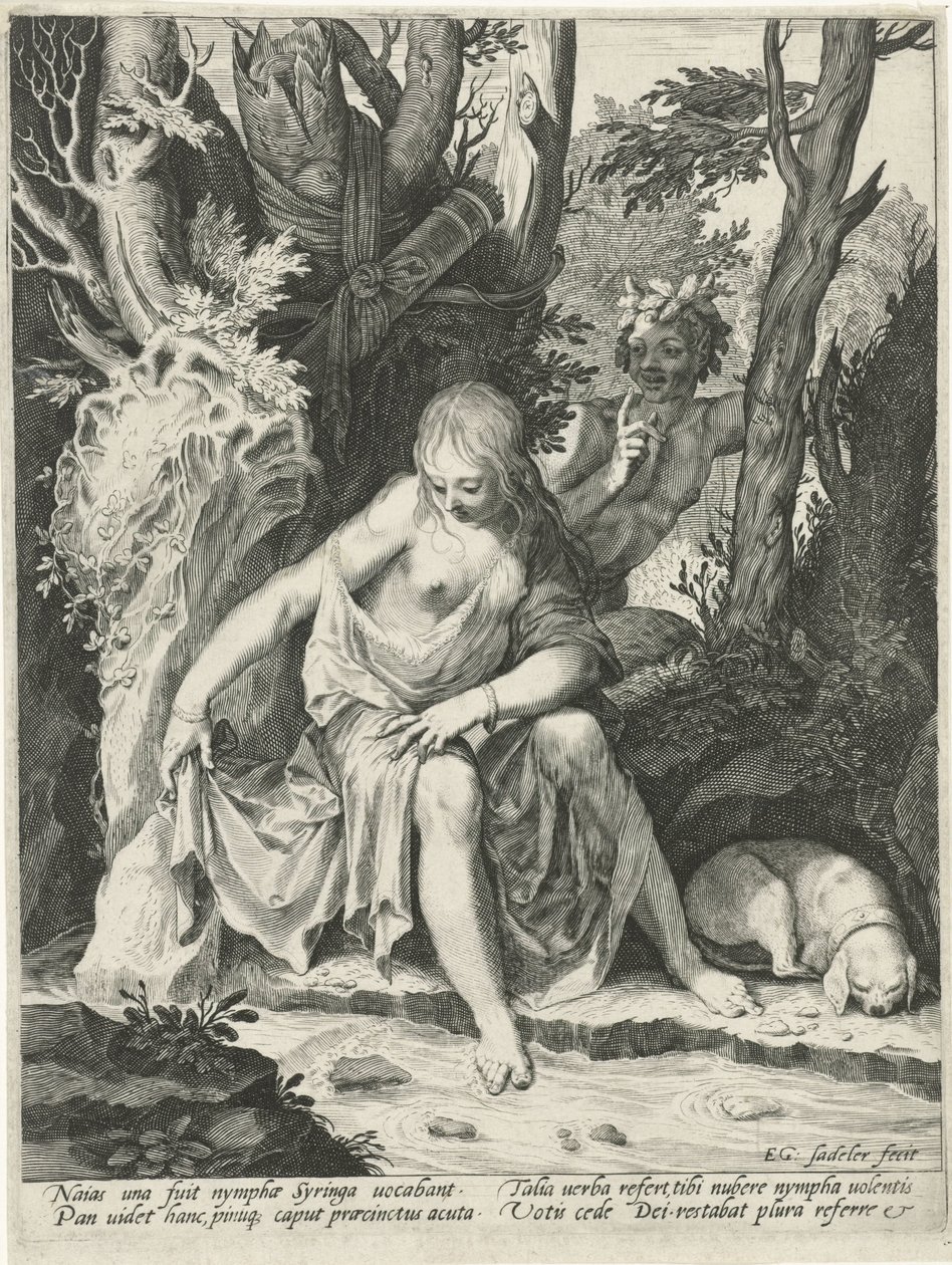 Pan udspionerer nymfen Syrinx af Egidius  Sadeler (II)