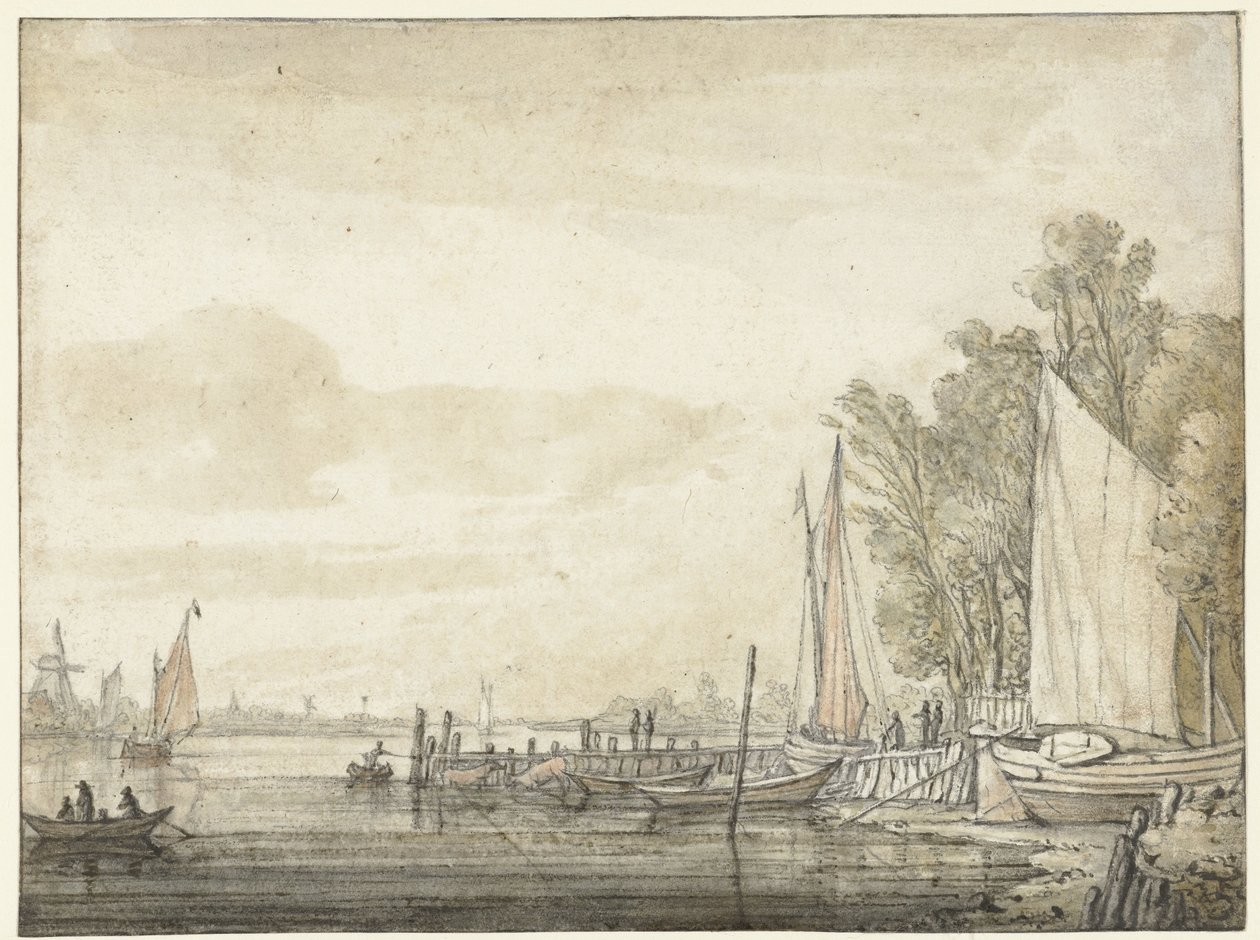 Både ved en anløbsbro i en flod af Aelbert Cuyp