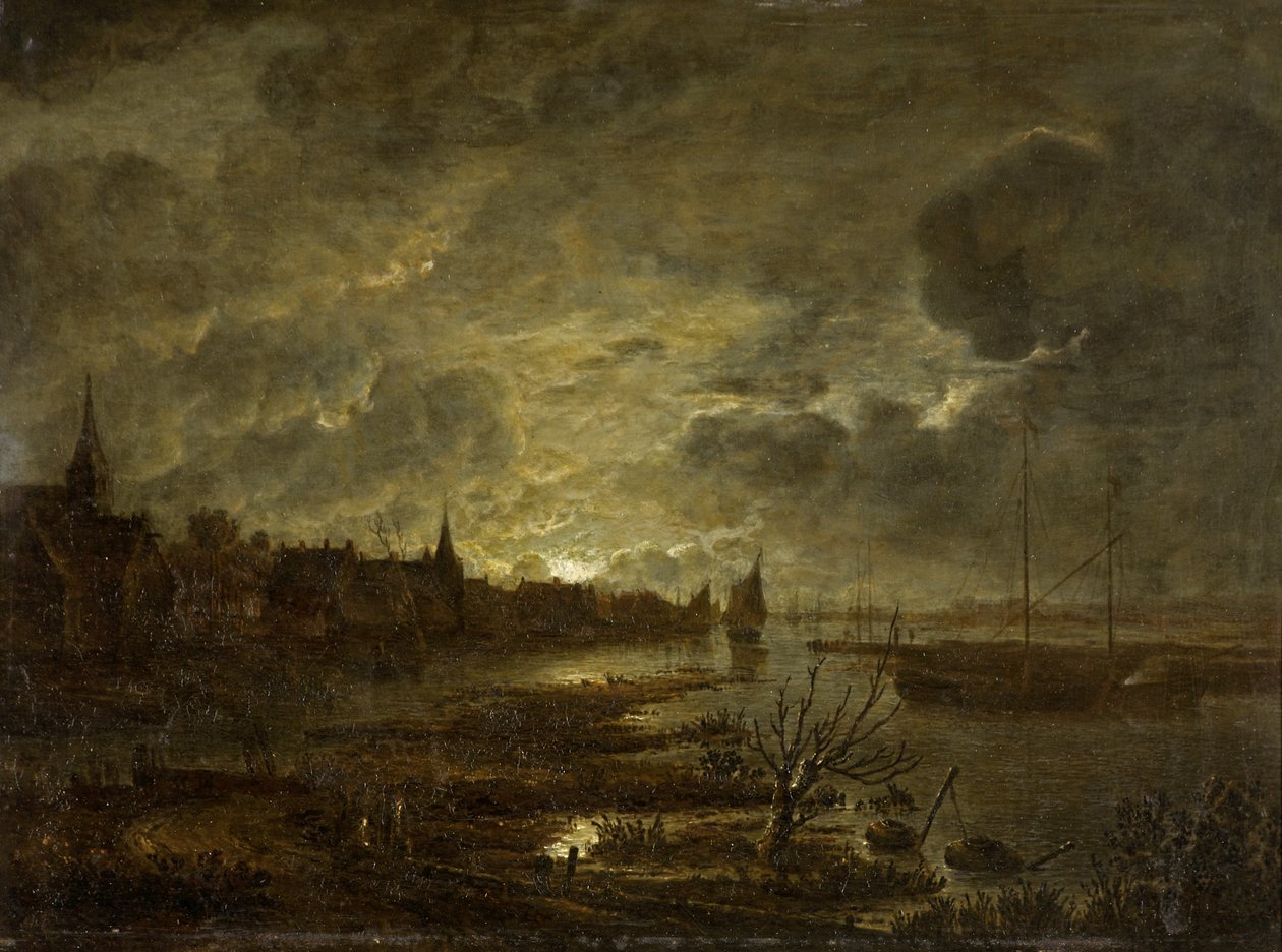 En landsby ved en flod ved måneskin, ca. 1645-1700 af Aert van der Neer