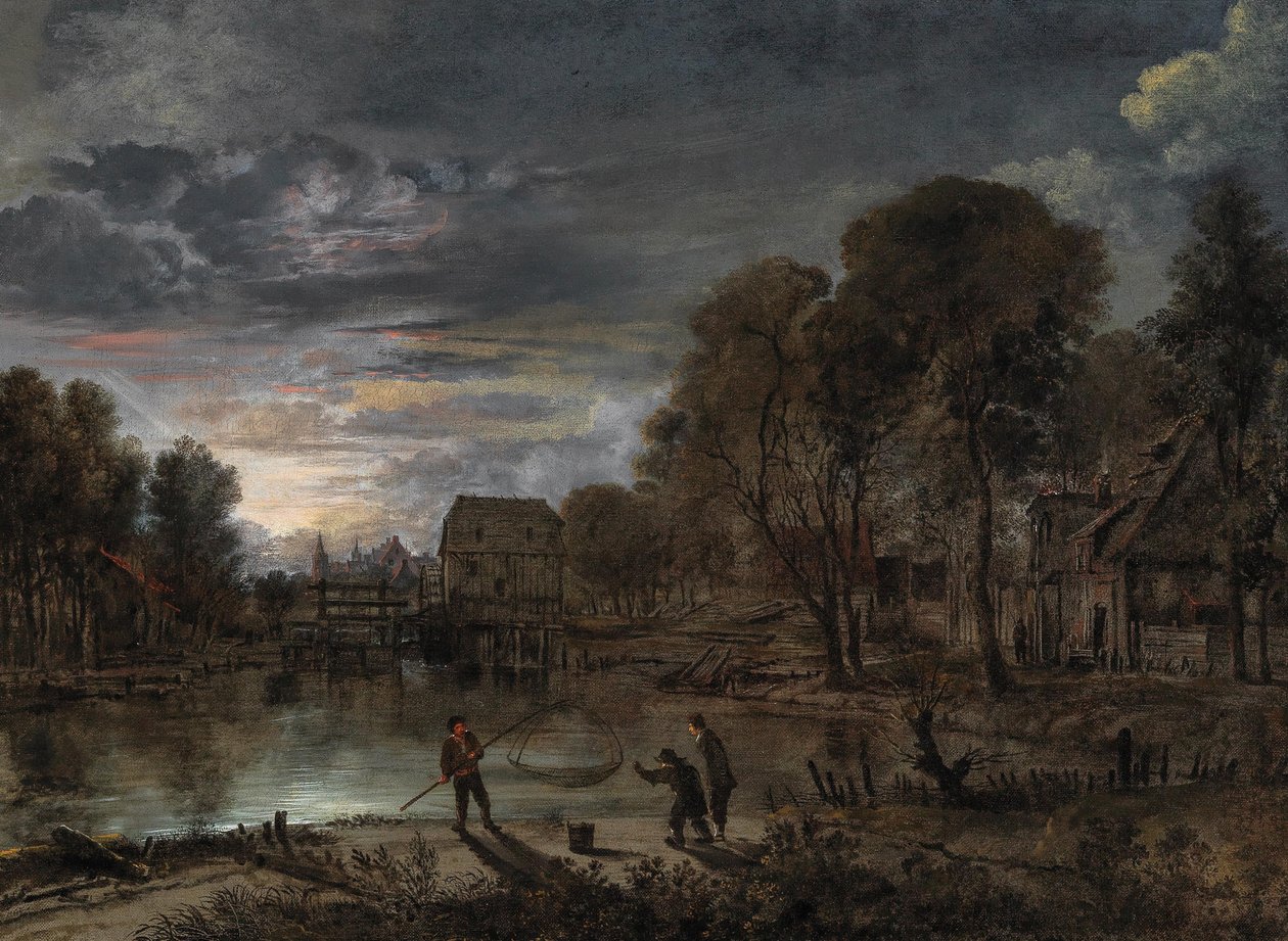 Et natligt landskab med fiskere. af Aert van der Neer